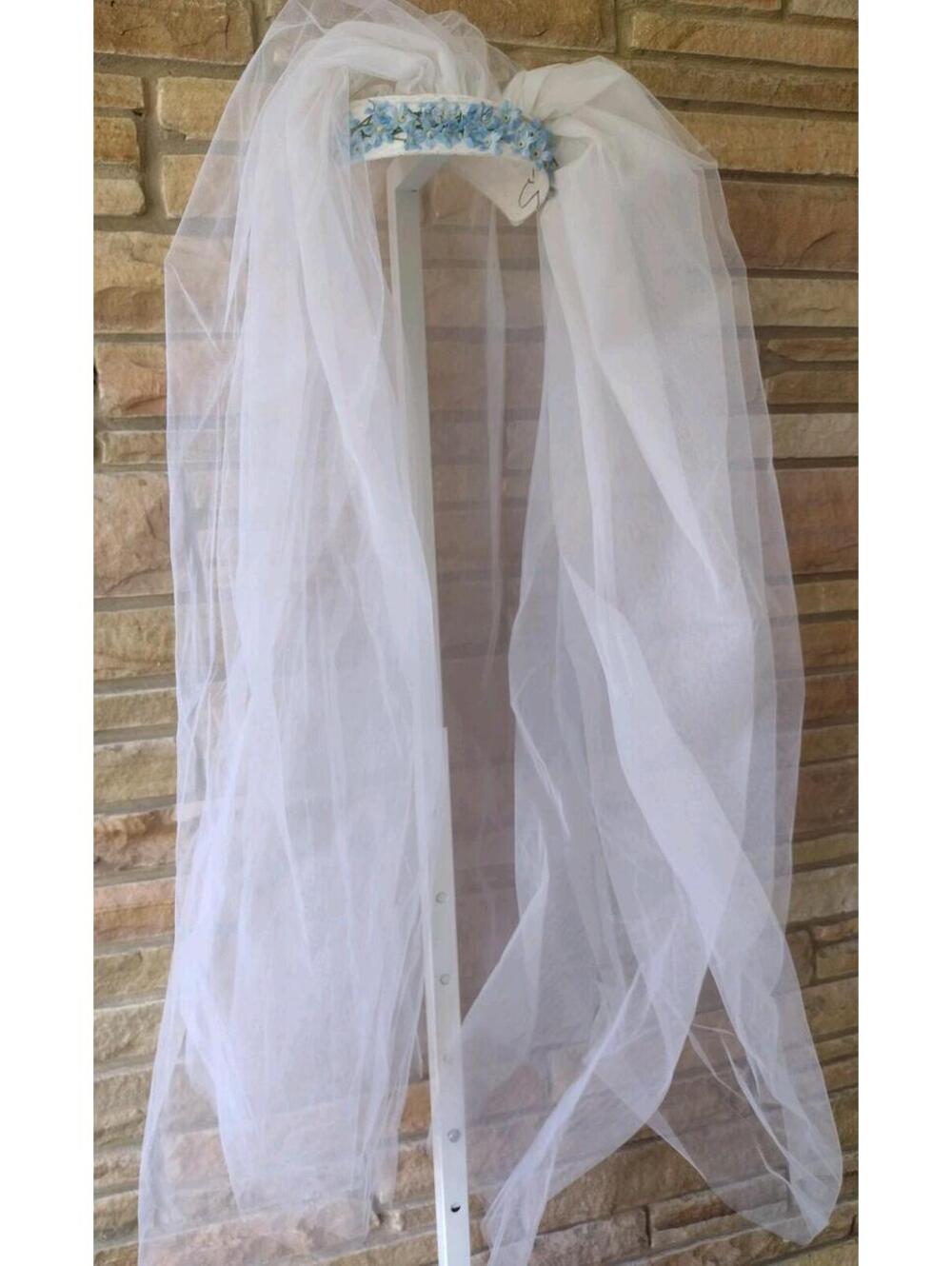 Vintage 1950s Handmade Bridal Juliet Cap Veil w/ Blue Flowers 37” Tulle